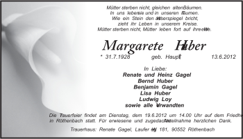 Traueranzeige von Margarete Huber von Pegnitz-Zeitung